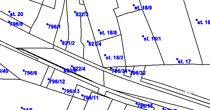 Parcela st. 18/2 v KÚ Vodní Újezd, Katastrální mapa