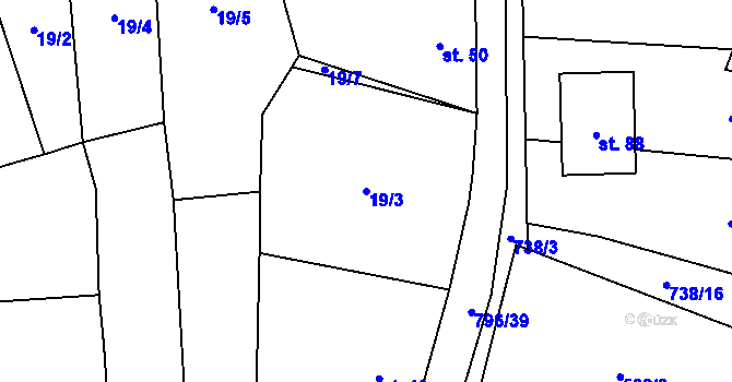 Parcela st. 19/3 v KÚ Vodní Újezd, Katastrální mapa