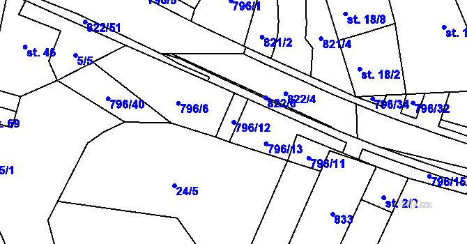 Parcela st. 796/12 v KÚ Vodní Újezd, Katastrální mapa