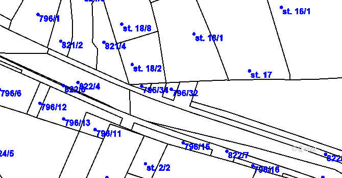 Parcela st. 796/32 v KÚ Vodní Újezd, Katastrální mapa