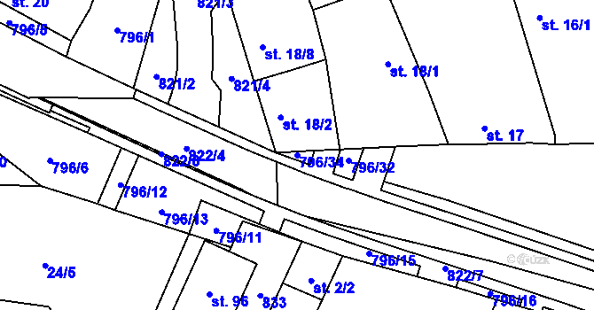 Parcela st. 796/34 v KÚ Vodní Újezd, Katastrální mapa