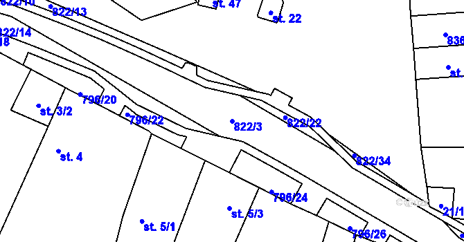 Parcela st. 822/3 v KÚ Vodní Újezd, Katastrální mapa