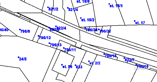 Parcela st. 822/8 v KÚ Vodní Újezd, Katastrální mapa
