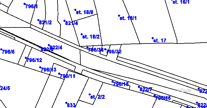 Parcela st. 822/12 v KÚ Vodní Újezd, Katastrální mapa