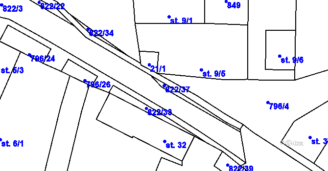 Parcela st. 822/37 v KÚ Vodní Újezd, Katastrální mapa