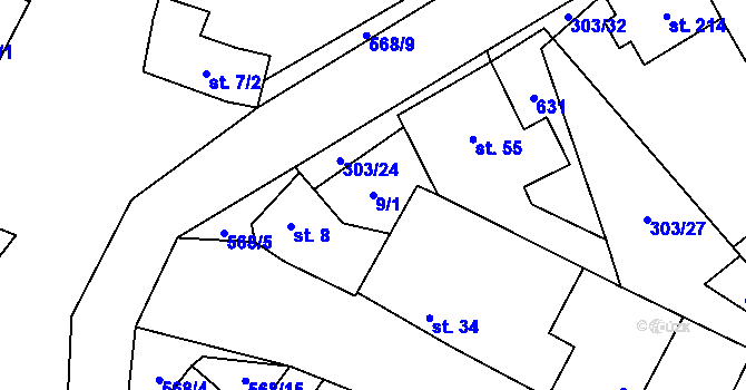 Parcela st. 9/1 v KÚ Dobříň, Katastrální mapa