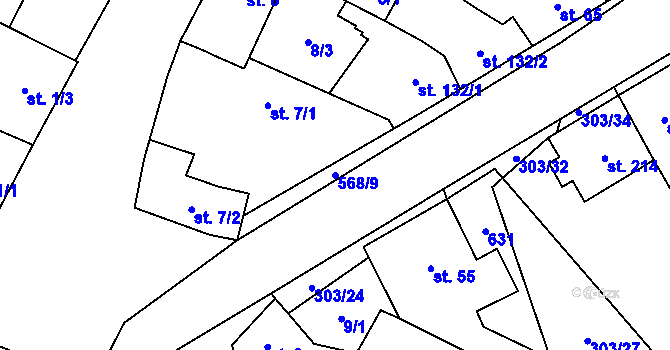 Parcela st. 568/9 v KÚ Dobříň, Katastrální mapa