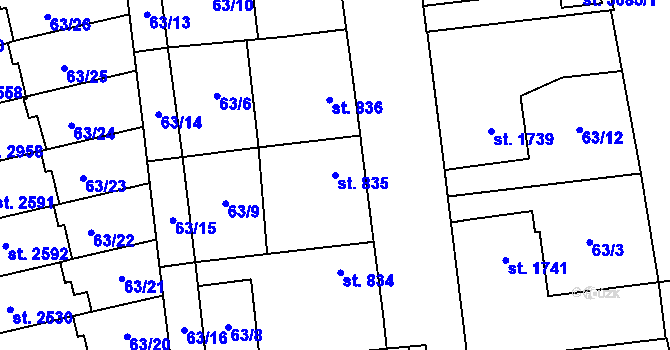 Parcela st. 835 v KÚ Dobříš, Katastrální mapa