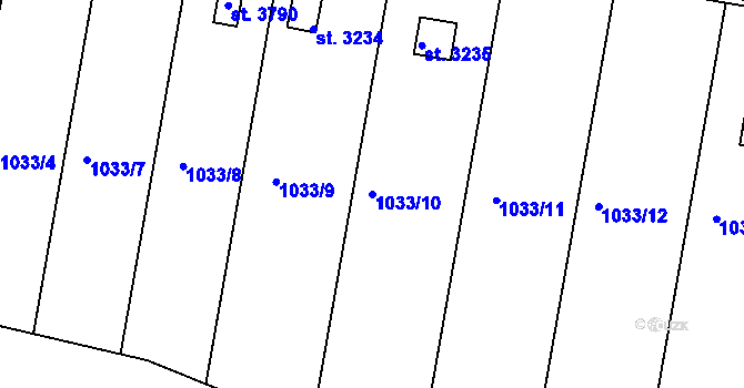 Parcela st. 1033/10 v KÚ Dobříš, Katastrální mapa
