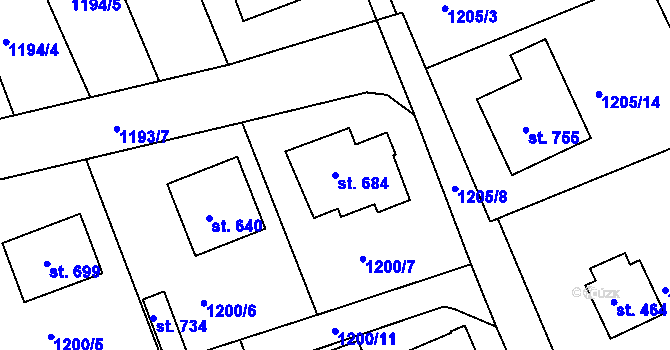 Parcela st. 684 v KÚ Dobřív, Katastrální mapa