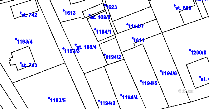 Parcela st. 1194/2 v KÚ Dobřív, Katastrální mapa