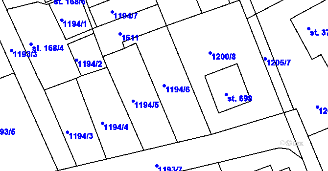 Parcela st. 1194/6 v KÚ Dobřív, Katastrální mapa