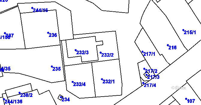 Parcela st. 232/2 v KÚ Dobšice u Znojma, Katastrální mapa