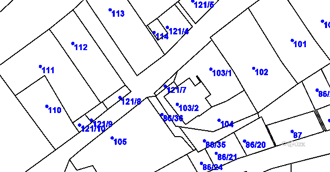 Parcela st. 121/7 v KÚ Dobšice u Znojma, Katastrální mapa