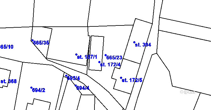 Parcela st. 665/23 v KÚ Dobšín, Katastrální mapa