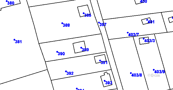Parcela st. 389 v KÚ Tovéř, Katastrální mapa