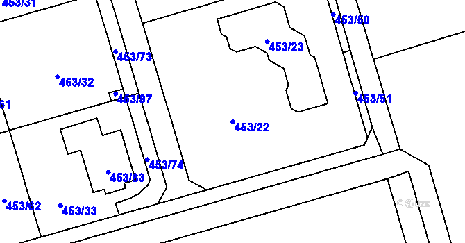 Parcela st. 453/22 v KÚ Tovéř, Katastrální mapa