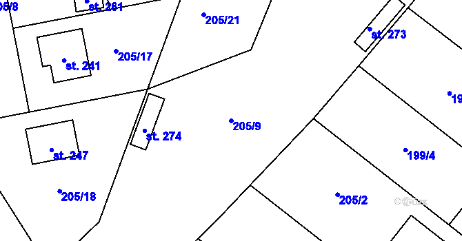 Parcela st. 205/9 v KÚ Dolín, Katastrální mapa