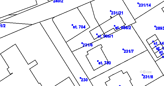 Parcela st. 231/6 v KÚ Dolní Bečva, Katastrální mapa