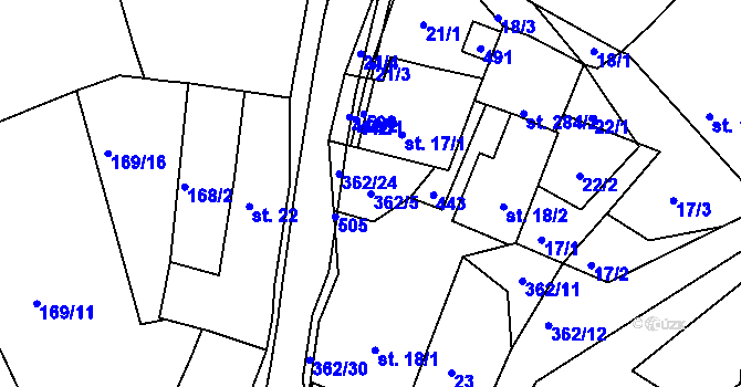 Parcela st. 362/5 v KÚ Dolní Bělá, Katastrální mapa