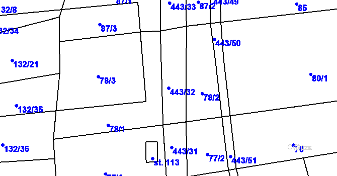 Parcela st. 443/32 v KÚ Dolní Bezděkov, Katastrální mapa