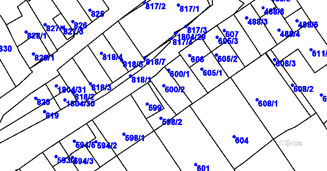 Parcela st. 600/2 v KÚ Dolní Bojanovice, Katastrální mapa