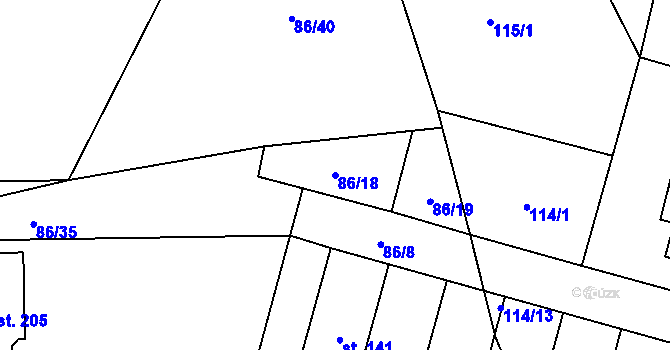 Parcela st. 86/18 v KÚ Dolní Bory, Katastrální mapa
