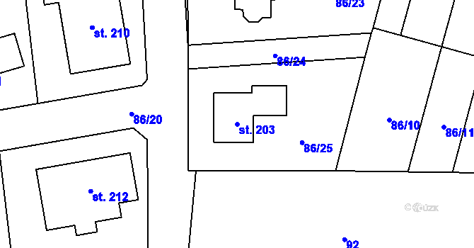 Parcela st. 203 v KÚ Dolní Bory, Katastrální mapa