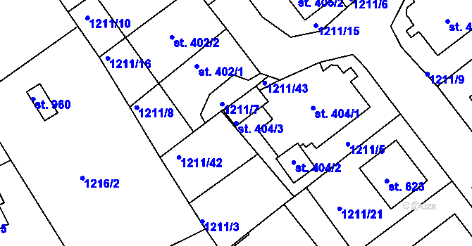 Parcela st. 404/3 v KÚ Dolní Bousov, Katastrální mapa