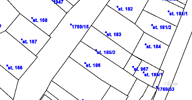 Parcela st. 185/2 v KÚ Dolní Bousov, Katastrální mapa