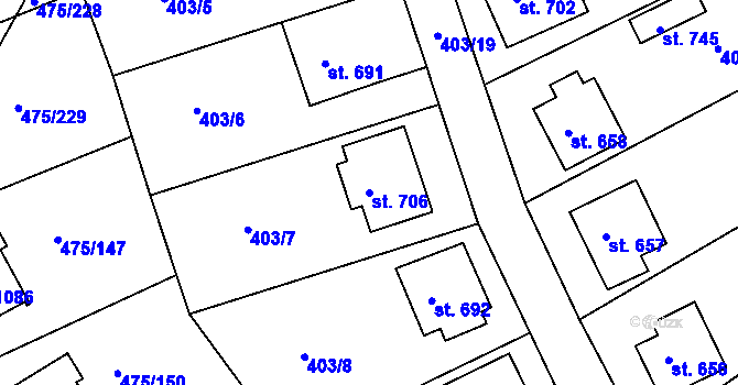 Parcela st. 706 v KÚ Dolní Bousov, Katastrální mapa