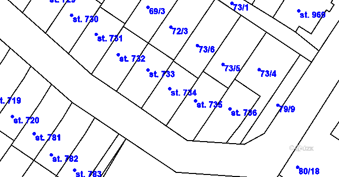 Parcela st. 734 v KÚ Dolní Bousov, Katastrální mapa
