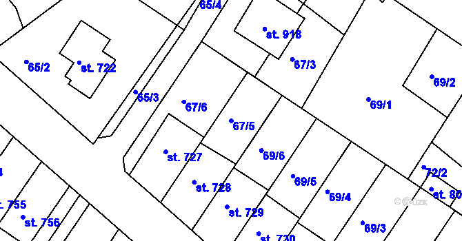 Parcela st. 67/5 v KÚ Dolní Bousov, Katastrální mapa