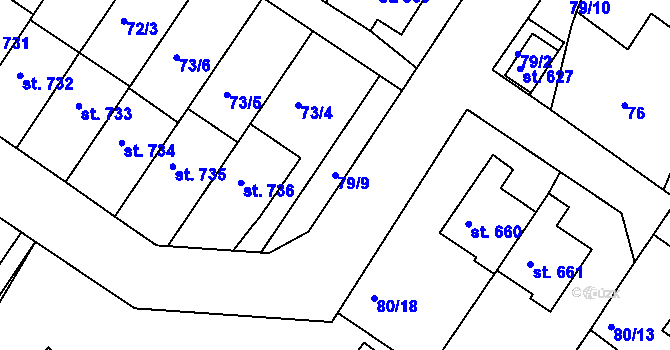 Parcela st. 79/9 v KÚ Dolní Bousov, Katastrální mapa