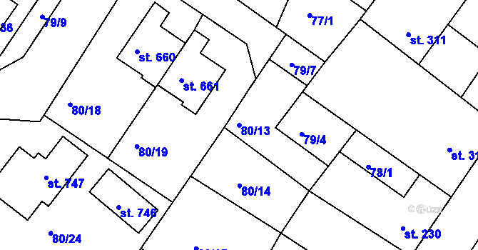 Parcela st. 80/13 v KÚ Dolní Bousov, Katastrální mapa