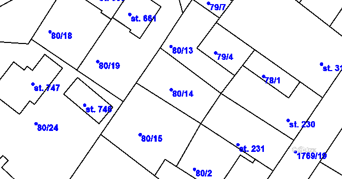 Parcela st. 80/14 v KÚ Dolní Bousov, Katastrální mapa