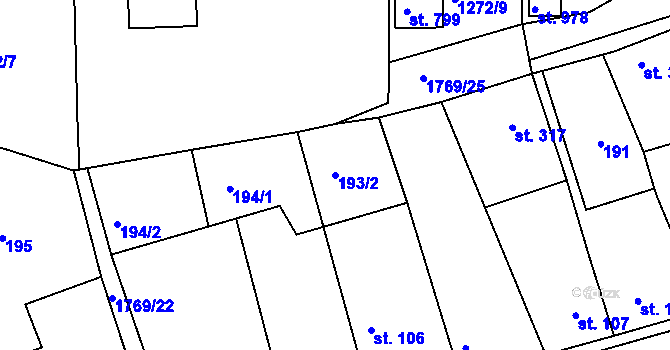 Parcela st. 193/2 v KÚ Dolní Bousov, Katastrální mapa