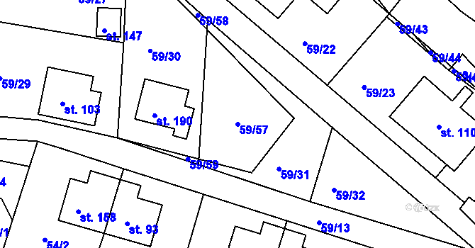 Parcela st. 59/57 v KÚ Dolní Hbity, Katastrální mapa