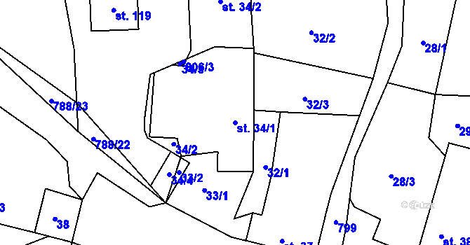 Parcela st. 34/1 v KÚ Dolní Hořice, Katastrální mapa