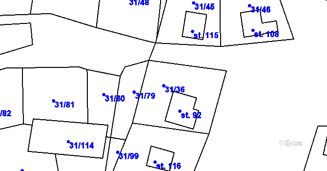 Parcela st. 31/36 v KÚ Dolní Hradiště, Katastrální mapa