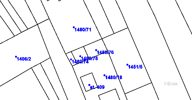 Parcela st. 1480/76 v KÚ Dolní Lhota u Luhačovic, Katastrální mapa