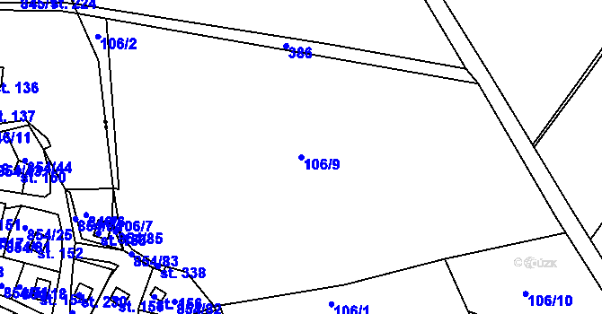 Parcela st. 106/9 v KÚ Snopoušovy, Katastrální mapa