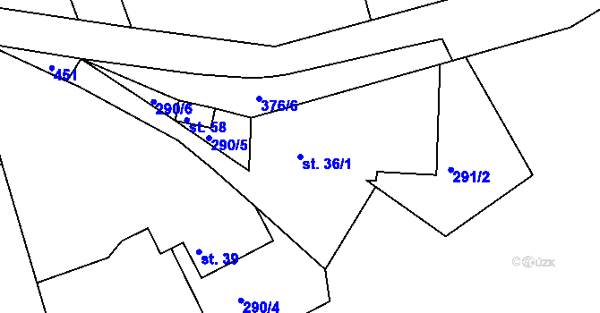 Parcela st. 36/1 v KÚ Snopoušovy, Katastrální mapa