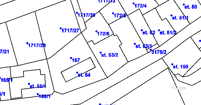 Parcela st. 53/2 v KÚ Dolní Město, Katastrální mapa