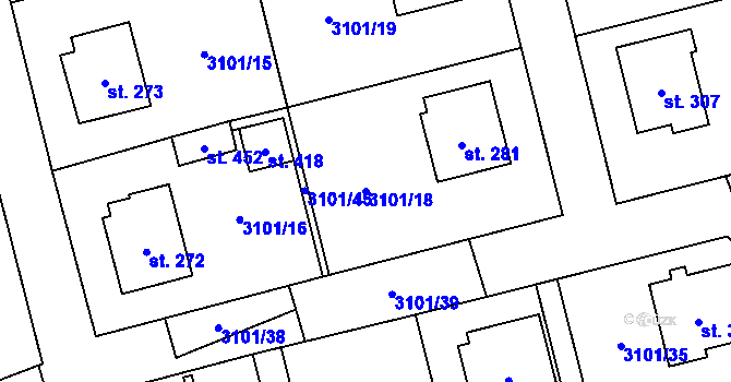 Parcela st. 3101/18 v KÚ Dolní Město, Katastrální mapa