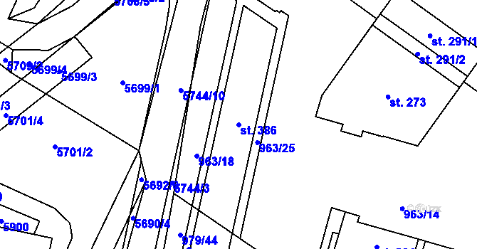 Parcela st. 386 v KÚ Velká Morava, Katastrální mapa