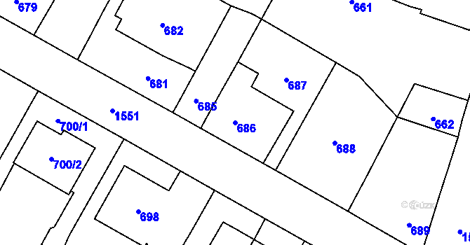 Parcela st. 686 v KÚ Dolní Počernice, Katastrální mapa