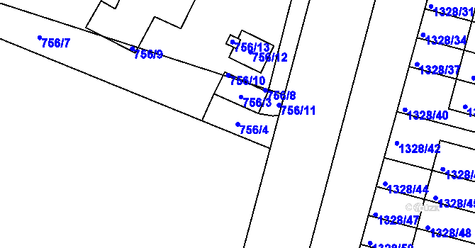 Parcela st. 756/4 v KÚ Dolní Počernice, Katastrální mapa