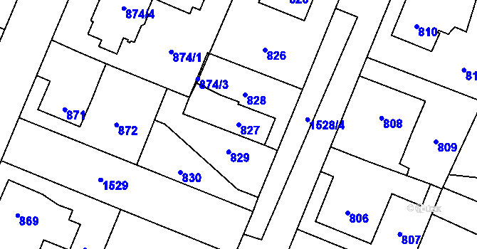Parcela st. 827 v KÚ Dolní Počernice, Katastrální mapa