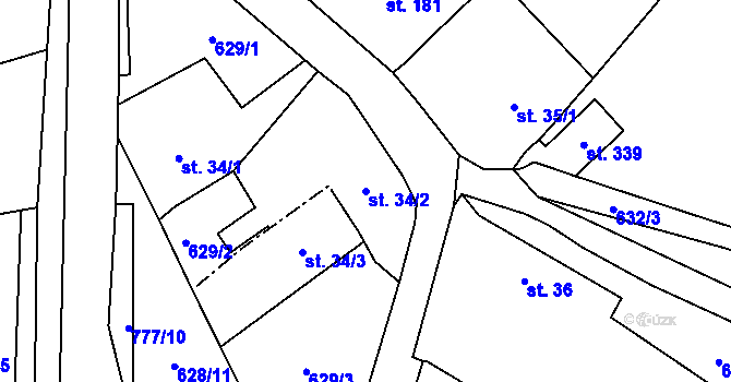 Parcela st. 34/2 v KÚ Dolní Radechová, Katastrální mapa